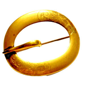 Vintage GLPCO Art Nouveau Gold Etched Brooch Scarf Pin Oval Engraved Faux Buckle